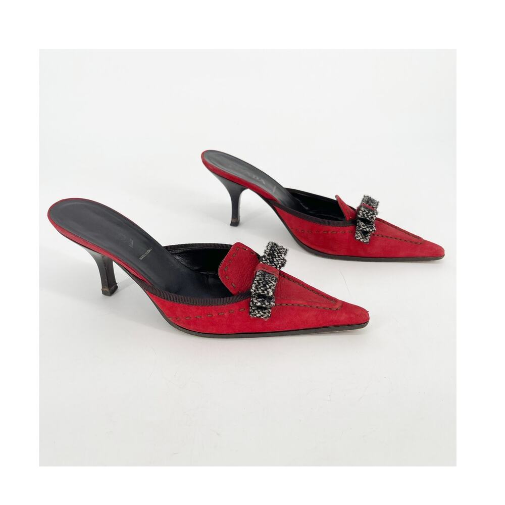 Prada Vintage Red Suede Tweed Bow Pointed Toe Kitten Heel Mule Heels IT 36.5